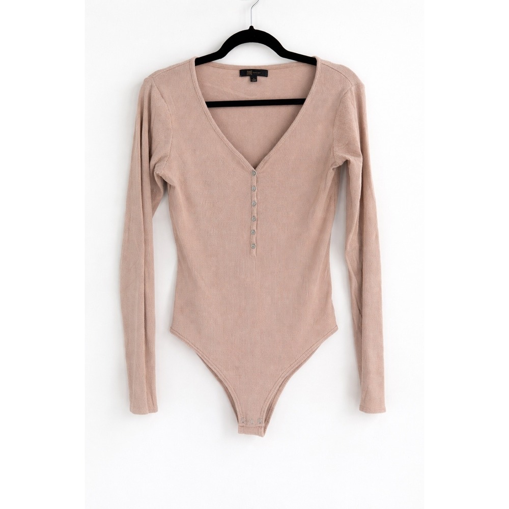 Frye Henley Bodysuit Women Large Tan Ribbed Long Sleeve Minimalist Basics